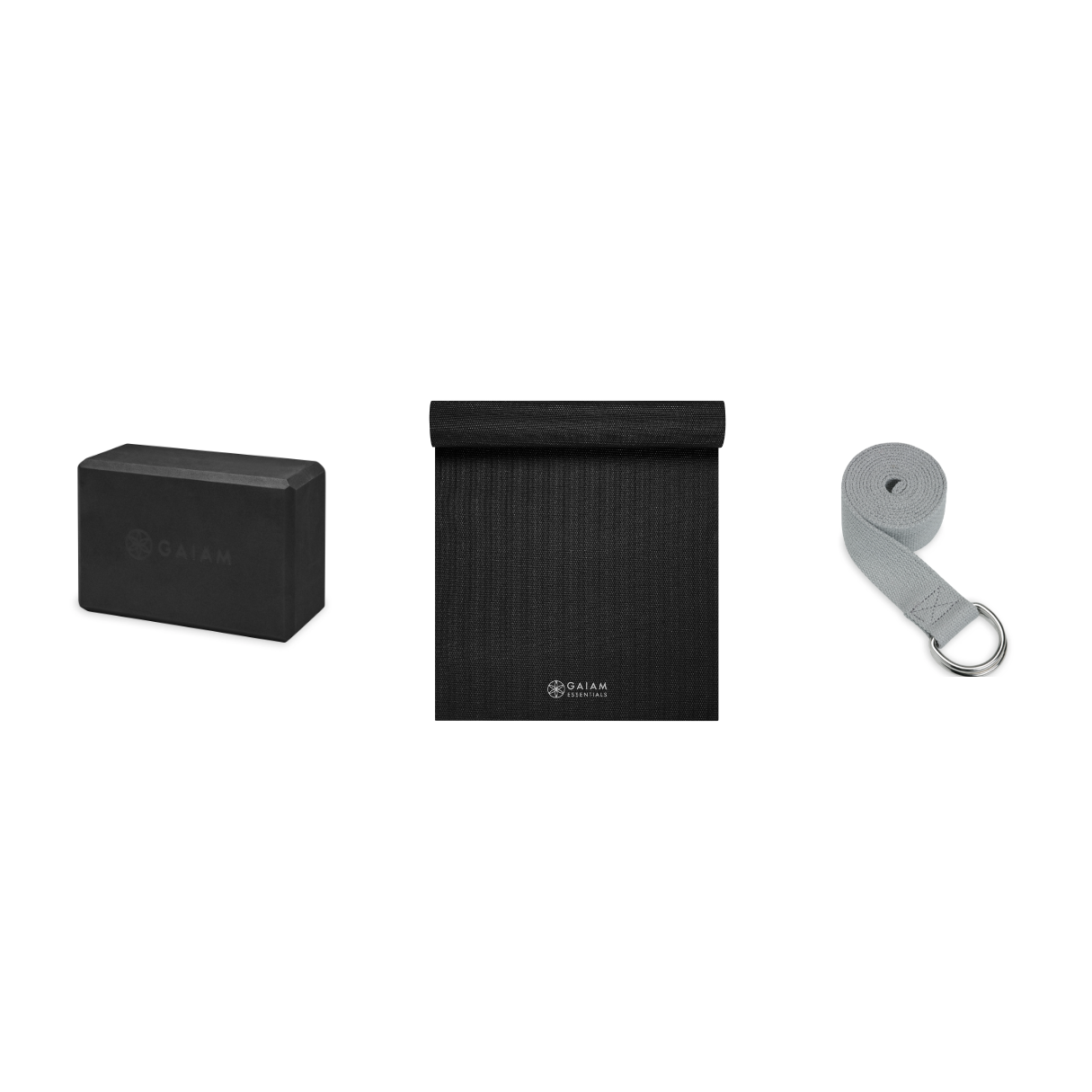 Yoga Bundle - Block (Black), Mat (Black), Strap (Grey)